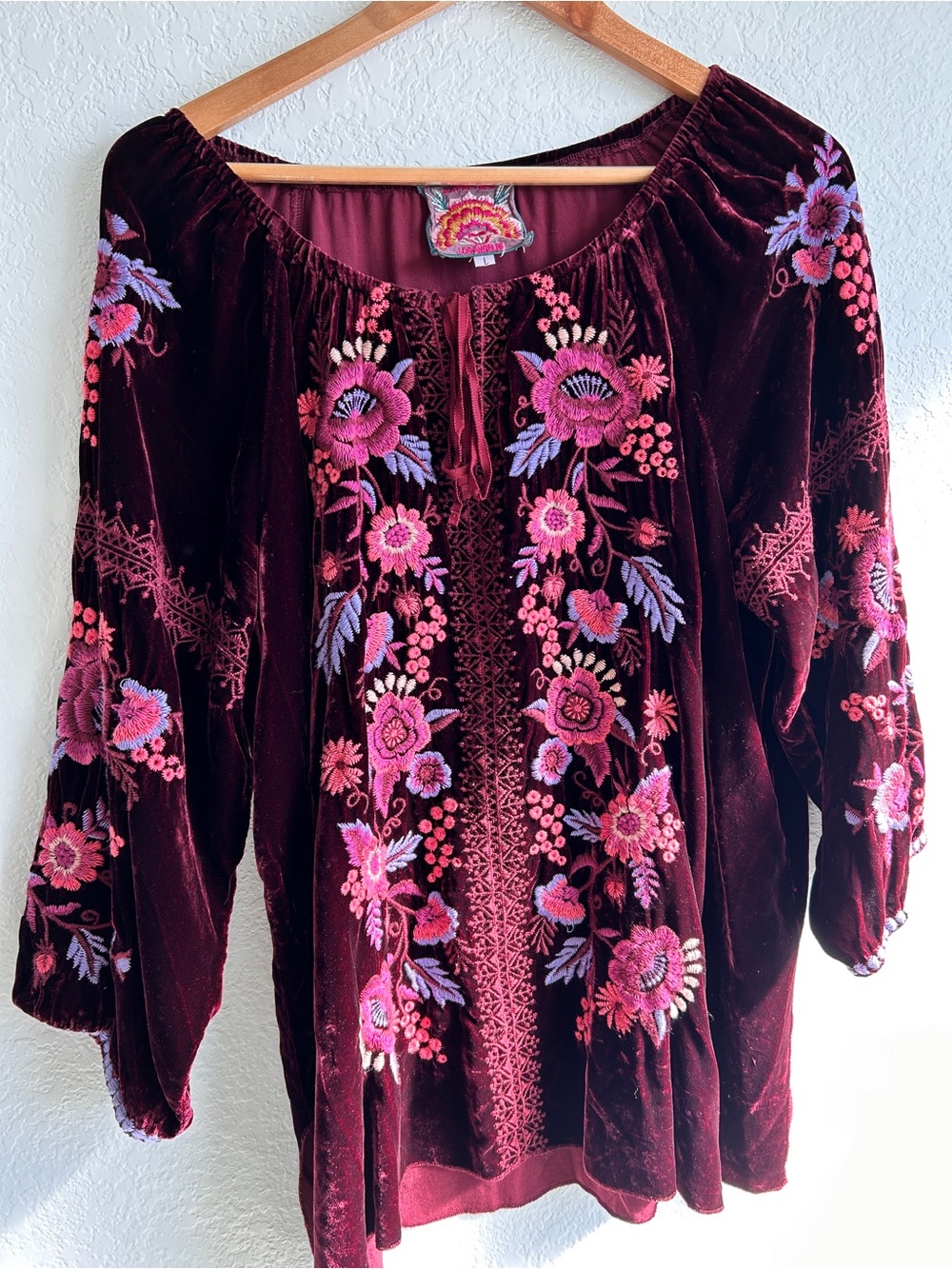 Johnny Was Embroidered Velvet Peasant Top in Deep Burgundy - floral design